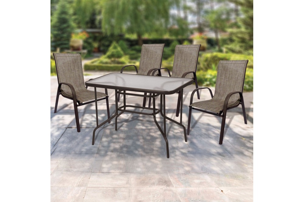 Σετ Κήπου Τραπέζι μεταλλικό ορθογώνιο + 4 Πολυθρόνες σε χρώμα Καφέ