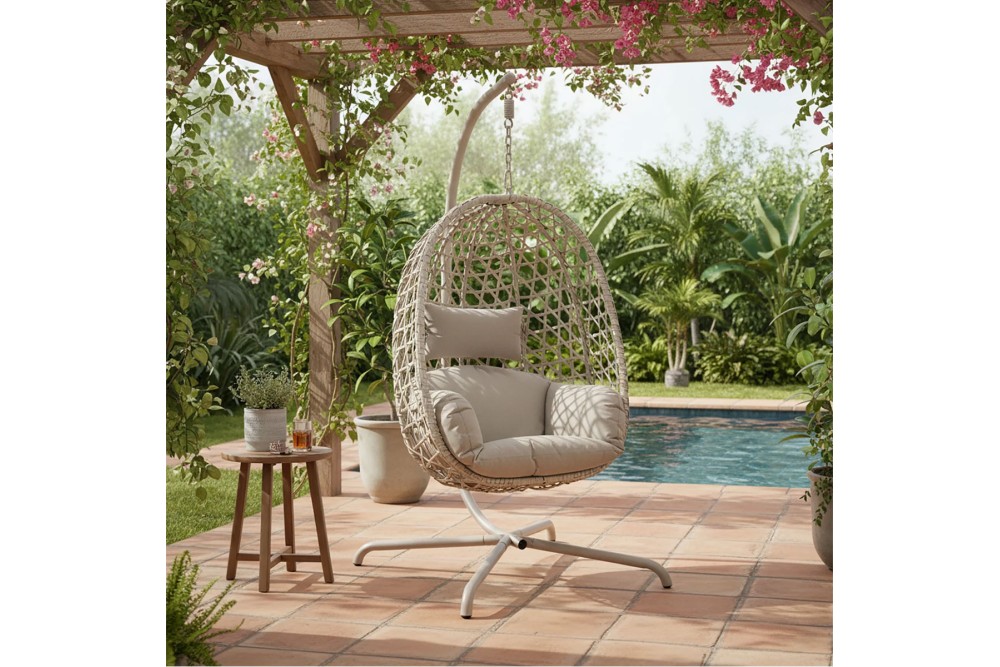 Κούνια Φωλιά Κρεμαστή Rattan με Βάση και Μαξιλάρια Beige (ΦΩΛΙΑ 94Χ63Χ116)