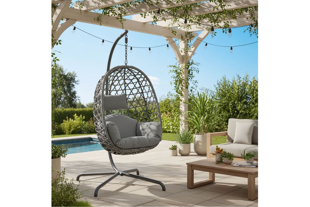 Κούνια Φωλιά Κρεμαστή Rattan με Βάση και Μαξιλάρια Grey (ΦΩΛΙΑ 94Χ63Χ116)