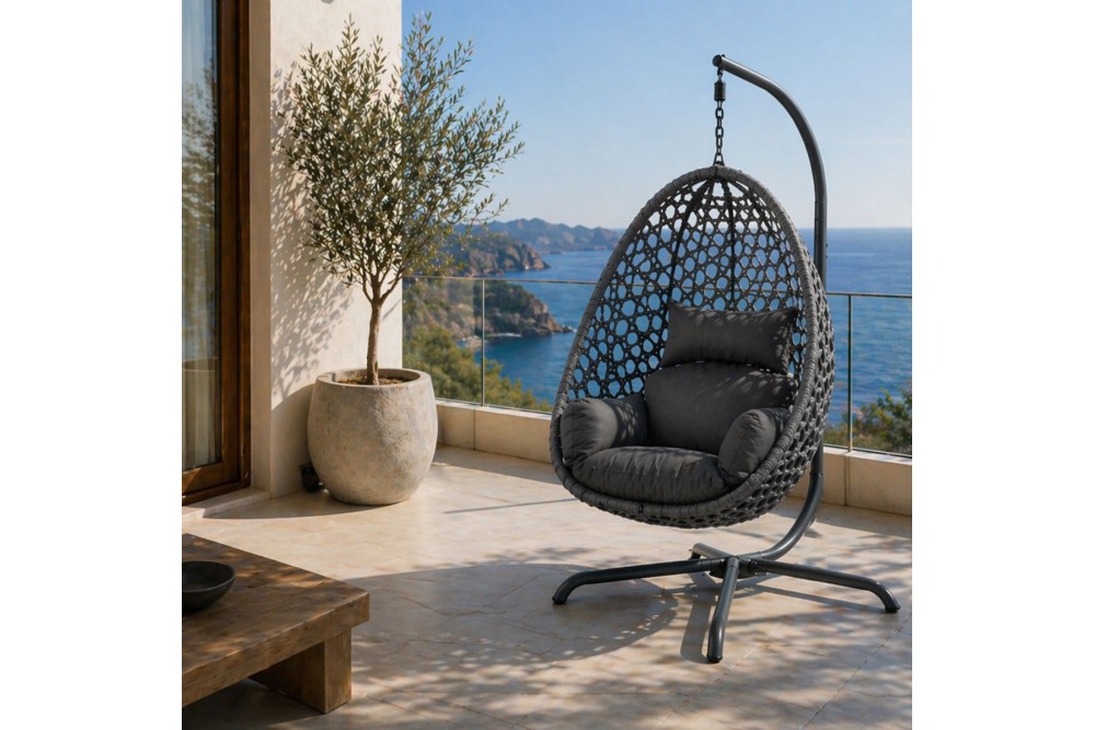 Κούνια Φωλιά Κρεμαστή Rattan με Βάση και Μαξιλάρια Grey (ΦΩΛΙΑ 94Χ63Χ116)