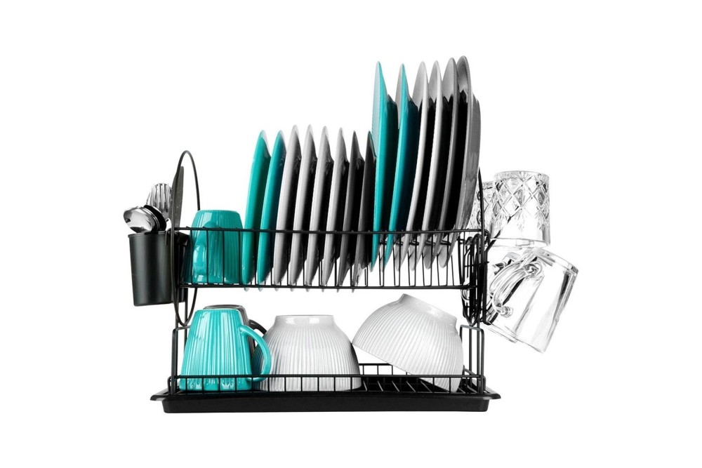 Πιατοθήκη Διώροφη Μεταλλική Μαύρη με Πλαστικό Δίσκο 50x23,6x36cm