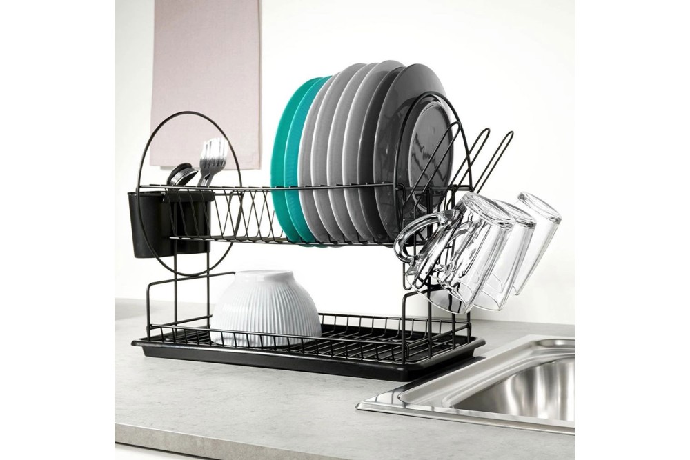 Πιατοθήκη Διώροφη Μεταλλική Μαύρη με Πλαστικό Δίσκο 50x23,6x36cm