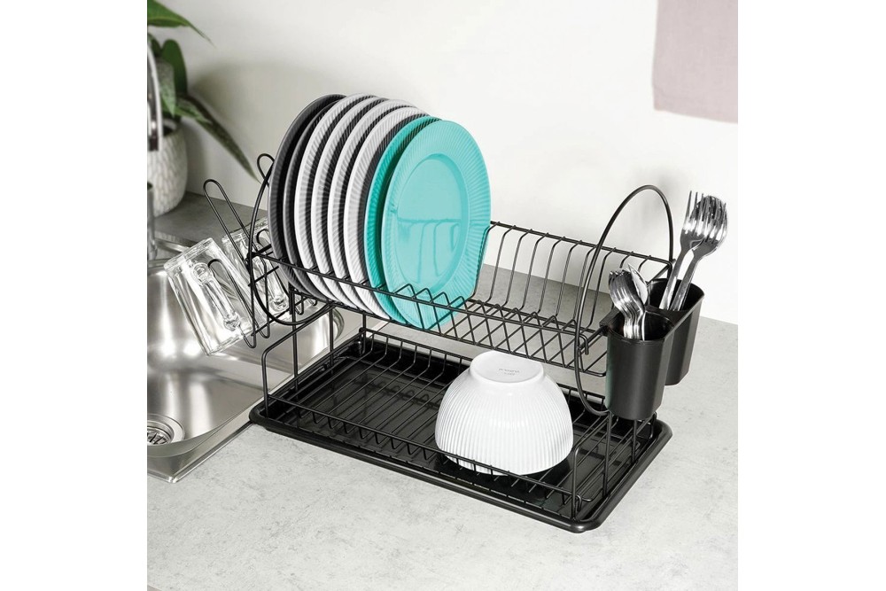 Πιατοθήκη Διώροφη Μεταλλική Μαύρη με Πλαστικό Δίσκο 50x23,6x36cm