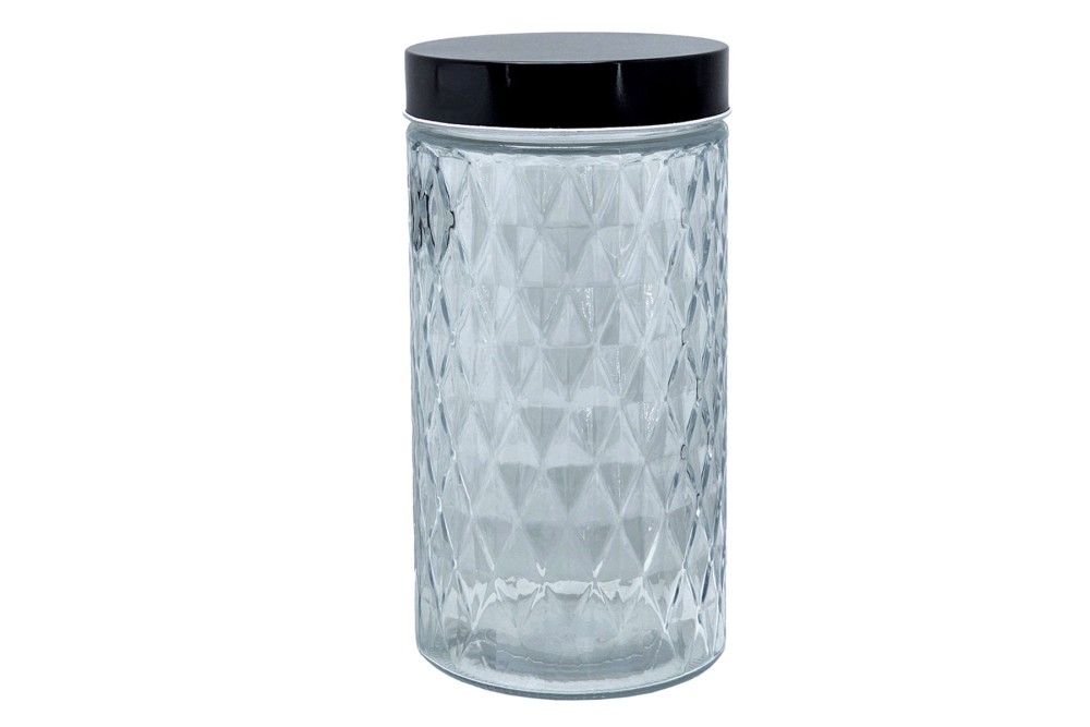 Βάζο κουζίνας ανάγλυφο στρογγυλό γυάλινο με μεταλλικό μαύρο καπάκι 1,6lt. 11x22cm. Βάζο κουζίνας ανάγλυφο στρογγυλό γυάλινο με μεταλλικό μαύρο καπάκι 1,6lt. 11x22cm.
