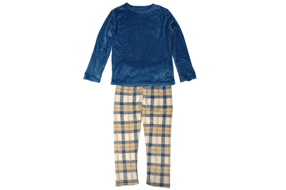 Πυτζάμα Γυναικεία Βελούδινη Μπλε Μπλούζα - Καρό Παντελόνι Large