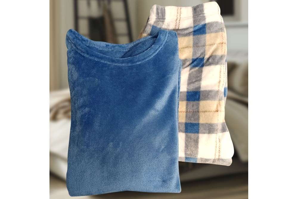 Πυτζάμα Γυναικεία Βελούδινη Μπλε Μπλούζα - Καρό Παντελόνι Large