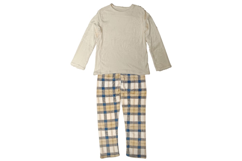 Πυτζάμα Γυναικεία Βελούδινη Μπεζ Μπλούζα - Καρό Παντελόνι Large