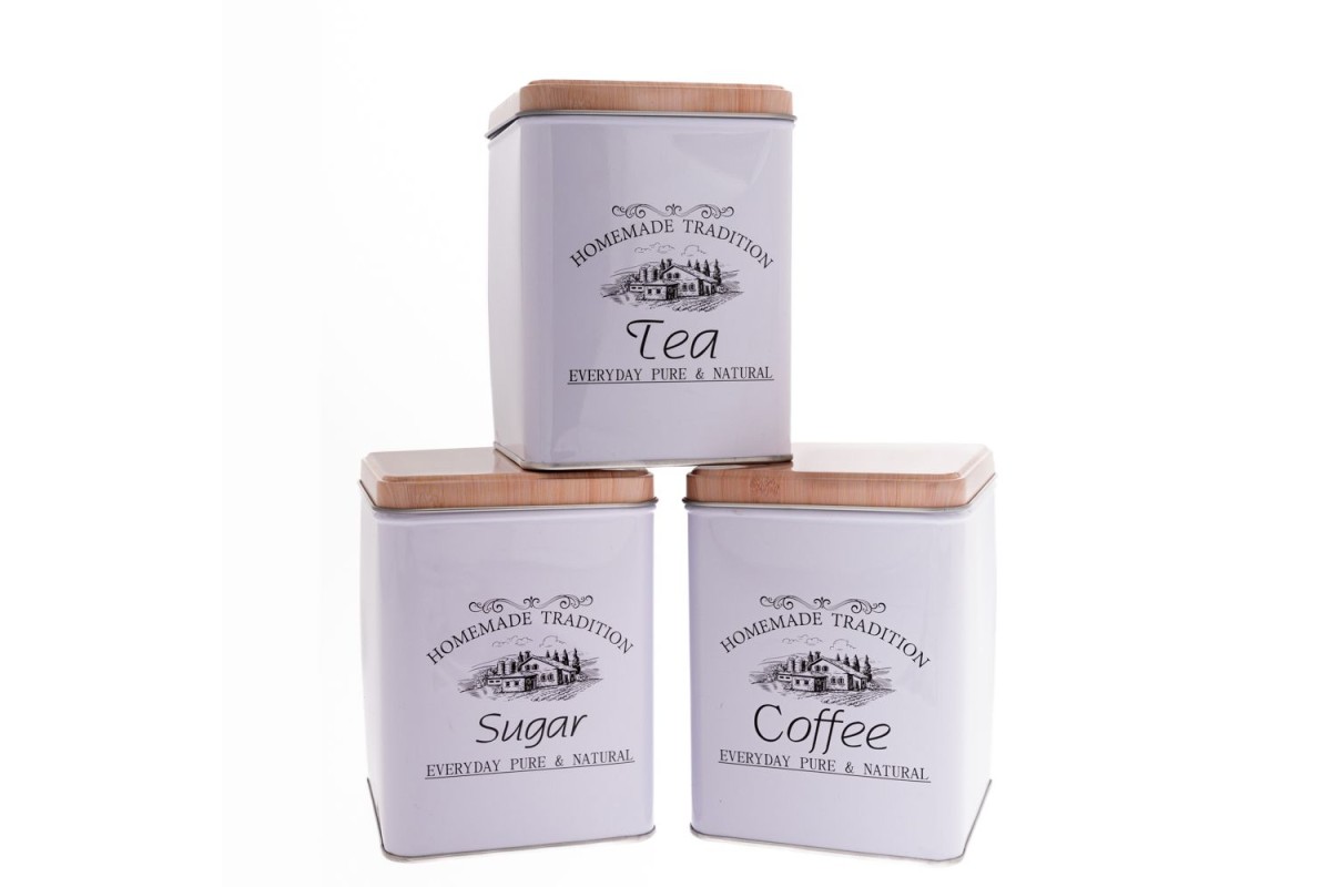 ΣΕΤ 3 ΜΕΤΑΛΛΙΚΑ ΤΕΤΡΑΓΩΝΑ ΚΟΥΤΙΑ COFFEE SUGAR TEA 11Χ11Χ15ΕΚ