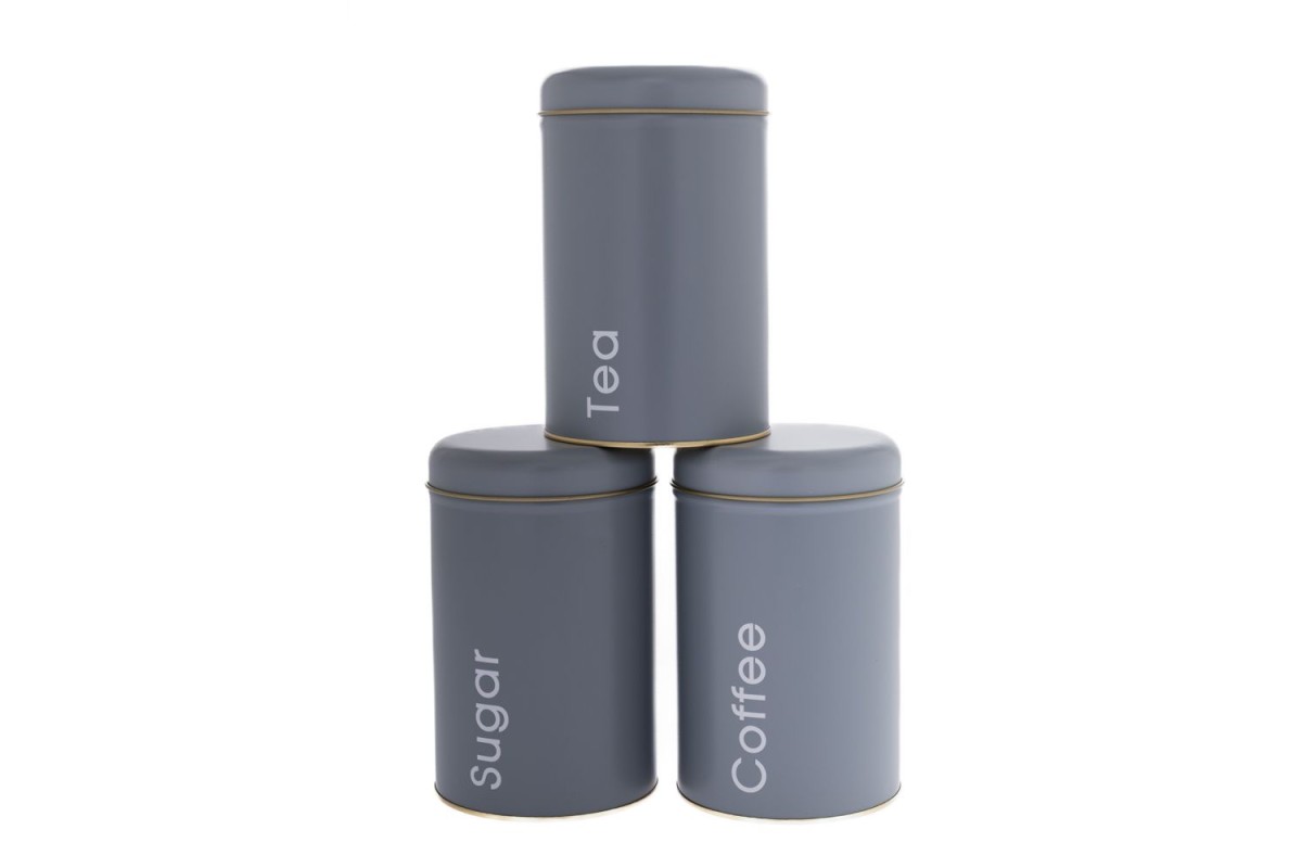 ΣΕΤ 3 ΓΚΡΙ ΜΕΤΑΛΛΙΚΑ ΣΤΡΟΓΓΥΛΑ ΚΟΥΤΙΑ COFFEE SUGAR TEA 10X16EK