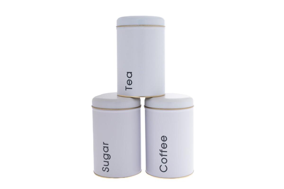 ΣΕΤ 3 ΛΕΥΚΑ ΜΕΤΑΛΛΙΚΑ ΣΤΡΟΓΓΥΛΑ ΚΟΥΤΙΑ COFFEE SUGAR TEA 10X16EK