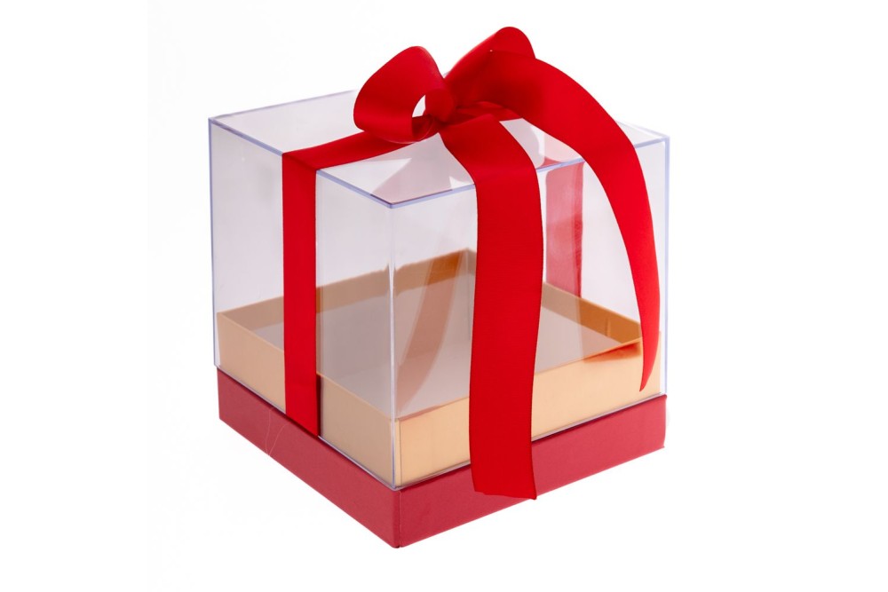 ΔΙΑΦΑΝΟ ΚΟΥΤΙ ΔΩΡΟΥ 14x14x14EK ΜΕ ΚΟΚΚΙΝΗ ΒΑΣΗ AND ΚΟΡΔΕΛΑ