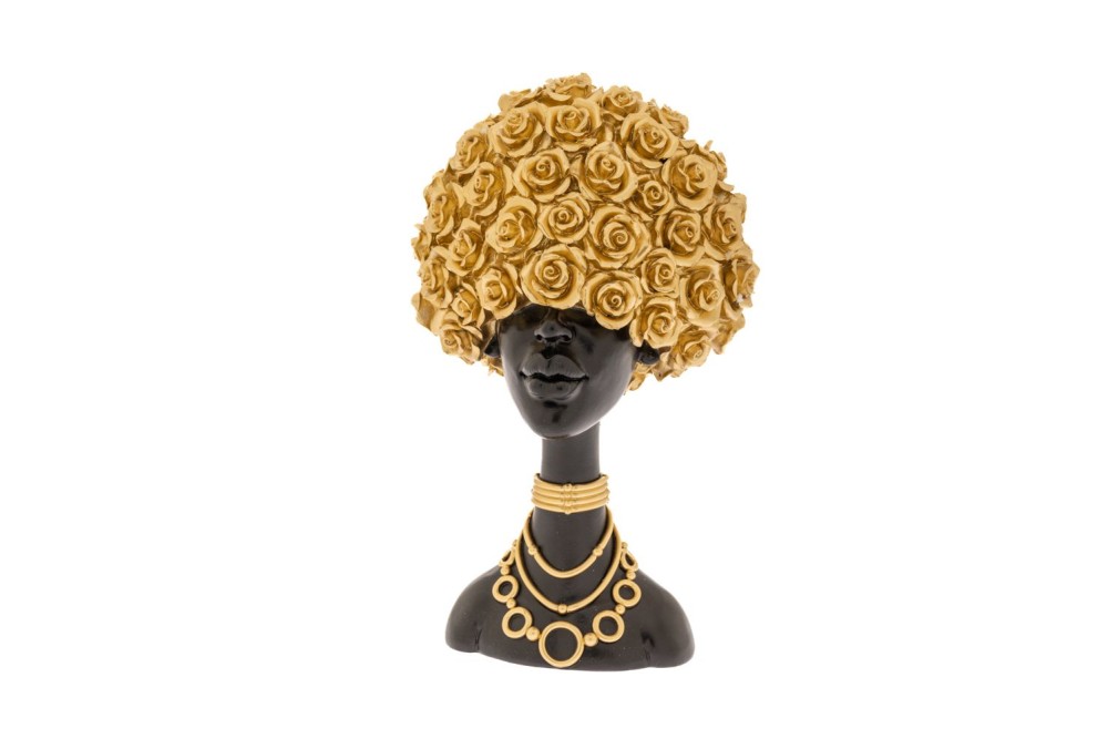 ΜΑΥΡΗ ΠΟΛΥΡΕΖΙΝ ΦΙΓΟΥΡΑ ΑΦΡΙΚΑΝΑΣ ΜΕ ΧΡΥΣΑ ΛΟΥΛΟΥΔΙΑ ΣΤΑ ΜΑΛΛΙΑ ΚΑΙ ΧΡΥΣΟ ΚΟΛΙΕ 19,5Χ12Χ32ΕΚ