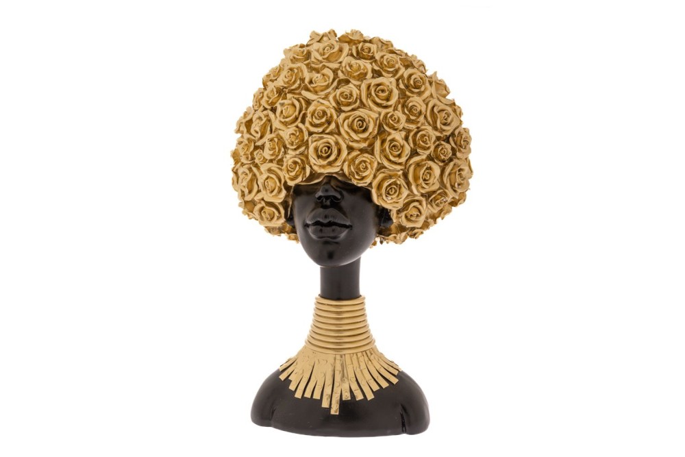 ΜΑΥΡΗ ΠΟΛΥΡΕΖΙΝ ΦΙΓΟΥΡΑ ΑΦΡΙΚΑΝΑΣ ΜΕ ΧΡΥΣΑ ΛΟΥΛΟΥΔΙΑ ΣΤΑ ΜΑΛΛΙΑ ΚΑΙ ΧΡΥΣΟ ΚΟΛΙΕ 27Χ15Χ41ΕΚ