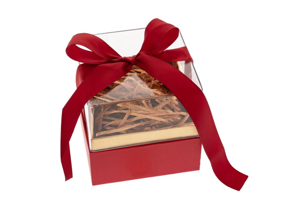 ΔΙΑΦΑΝΟ ΤΕΤΡΑΓΩΝΟ ΚΟΥΤΙ ΔΩΡΟΥ ΜΕ ΚΟΚΚΙΝΗ ΒΑΣΗ ΚΑΙ ΚΟΡΔΕΛΑ 11,5Χ11,5Χ11ΕΚ