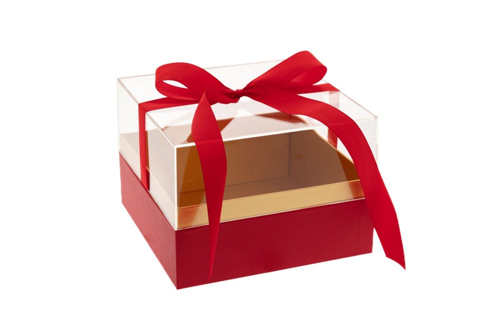 ΔΙΑΦΑΝΟ ΚΟΥΤΙ ΔΩΡΟΥ ΜΕ ΚΟΚΚΙΝΗ ΒΑΣΗ ΚΑΙ ΚΟΡΔΕΛΑ 19,5Χ19,5Χ14ΕΚ