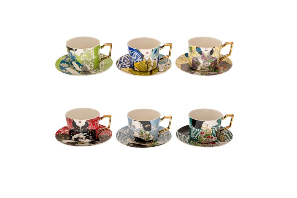 ΠΟΛΥΧΡΩΜΗ ΚΕΡΑΜΙΚΗ ΚΟΥΠΑ ΜΕ ΠΙΑΤΑΚΙ ΚΑΙ ΚΙΝΕΖΙΚΗ ΦΙΓΟΥΡΑ 6 ΣΧΕΔΙΑ 8.5Χ6.5ΕΚ 220ml.