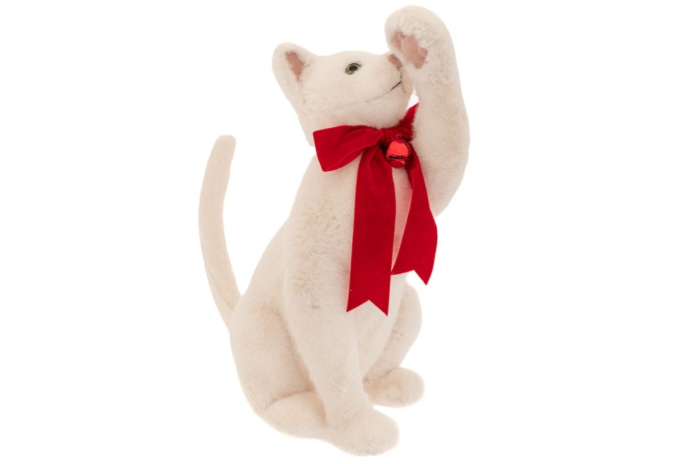 ΛΕΥΚΗ ΥΦΑΣΜΑΤΙΝΗ ΓΑΤΑ ΜΕ ΚΟΚΚΙΝΟ ΦΙΟΓΚΟ ΣΤΟΝ ΛΑΙΜΟ 38Χ25Χ54ΕΚ