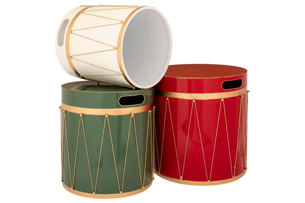 ΣΕΤ 3 ΚΟΚΚΙΝΟ ΠΡΑΣΙΝΟ ΛΕΥΚΟ  ΜΕΤΑΛΛΙΚΟ ΚΟΥΤΙ ΜΕ ΣΧΕΔΙΟ ΤΥΜΠΑΝΟ 45Χ45Χ44.5ΕΚ 40Χ40Χ40.5ΕΚ 34Χ34Χ36