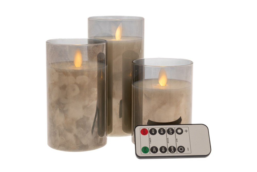 ΣΕΤ 3 ΚΡΕΜ LED ΚΕΡΙ ΜΠΑΤΑΡΙΑΣ ΣΕ ΓΚΡΙ ΓΥΑΛΙ S: Φ7,5Χ10 M: Φ7,5Χ12,5 L: Φ7,5Χ15ΕΚ