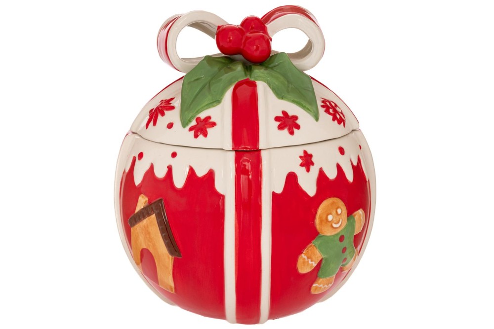 ΚΟΚΚΙΝΗ ΛΕΥΚΗ ΣΤΡΟΓΓΥΛΗ ΚΕΡΑΜΙΚΗ ΜΠΙΣΚΟΤΙΕΡΑ ΜΕ GINGERBREAD 19Χ19Χ23ΕΚ