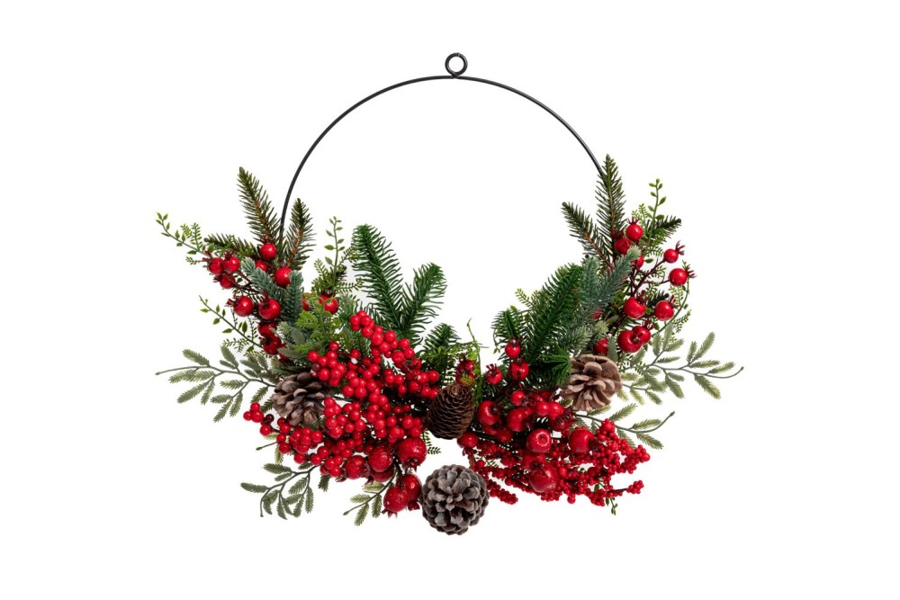 ΠΡΑΣΙΝΟ ΣΤΕΦΑΝΙ ΜΕ ΚΟΚΚΙΝΑ BERRIES  ΚΑΙ ΚΟΥΚΟΥΝΑΡΙΑ Φ30ΕΚ