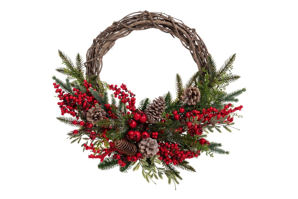 ΠΡΑΣΙΝΟ ΣΤΕΦΑΝΙ ΜΕ ΚΟΚΚΙΝΑ BERRIES  ΚΑΙ ΚΟΥΚΟΥΝΑΡΙΑ Φ50ΕΚ