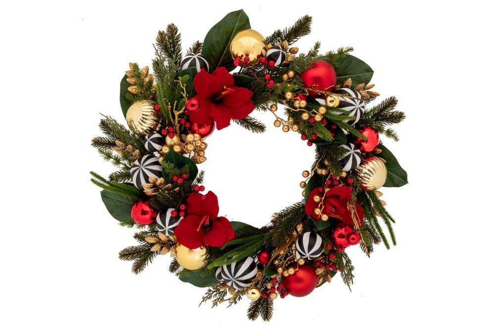 ΚΟΚΚΙΝΟ ΣΤΕΦΑΝΙ ΜΕ ΤΕΧΝΗΤΑ ΑΝΘΗ ΚΑΙ ΚΟΚΚΙΝΕΣ ΜΠΑΛΕΣ 61Χ61Χ17ΕΚ