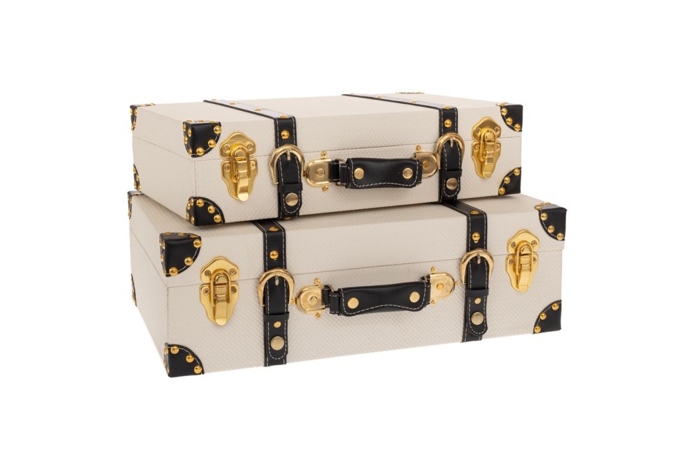 ΣΕΤ 2 ΛΕΥΚΕΣ ΒΑΛΙΤΣΕΣ ΜΕ ΜΑΥΡΕΣ ΔΕΡΜΑΤΙΝΕΣ ΛΕΠΤΟΜΕΡΕΙΕΣ 45Χ15Χ30ΕΚ 40Χ10Χ25ΕΚ