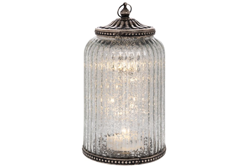 ΑΣΗΜΙ ΓΥΑΛΙΝΟ ΦΑΝΑΡΑΚΙ ΜΕ LED ΦΩΣ AND ΜΕΤΑΛΛΙΚΟ ΚΑΠΑΚΙ 11,5Χ11,5Χ20ΕΚ (ΑΑΑ 1.5V)