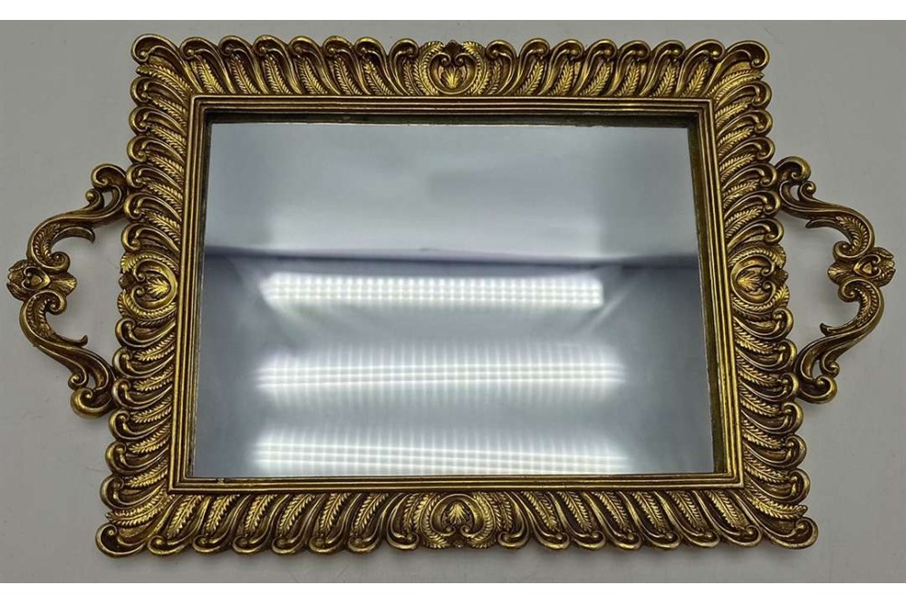 Δίσκος Με Καθρέφτη Πολυεστερικός Χρυσός Με Ανάγλυφα Σχέδια 40x24.5x3εκ.