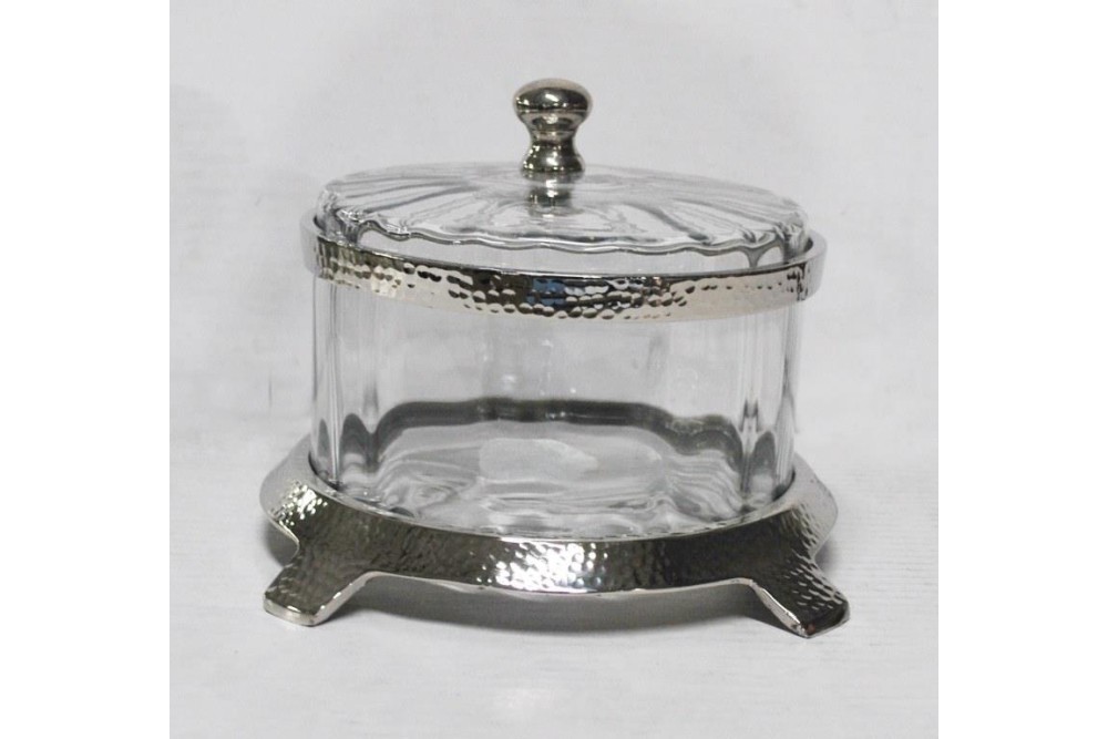 Φοντανιέρα Γυάλινη Με Καπάκι & Μεταλλική Ασημί Βάση  20x20x15cm