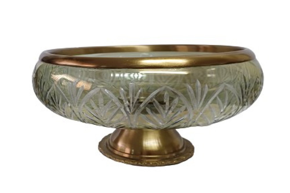 Διακοσμητικό Γυάλινο Χρυσό/Μελί Μπωλ Με Μεταλλική Χρυσή Βάση Πόδι& Χρυσό Στεφάνι 28x28x17cm