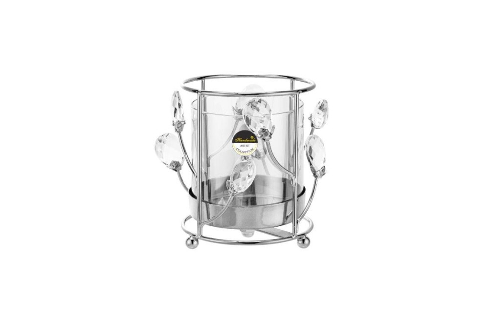 Κηροπήγιο Γυάλινο/ Μέταλλο  Με Ασημί Διακοσμητικές Διακλαδώσεις 11.8 x11.8 x14cm