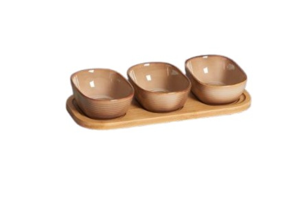 Οβάλ Ορντεβιέρα Πορσελάνης 3 θέσεων Mπεζ/Καφέ με ξύλινη βάση bamboo 15.5cm Οβάλ Ορντεβιέρα Πορσελάνης 3 θέσεων Mπεζ/Καφέ με ξύλινη βάση bamboo 15.5cm