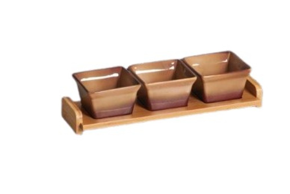 Τετράγωνη Ορντεβιέρα Πορσελάνης 3 θέσεων Mπεζ/Καφέ με ξύλινη βάση bamboo