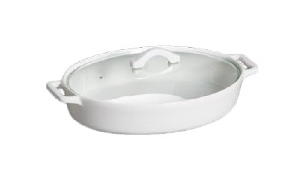 Οβάλ Λευκό Πυρίμαχο Σκεύος από Πορσελάνη με Γυάλινο Καπάκι 43cm