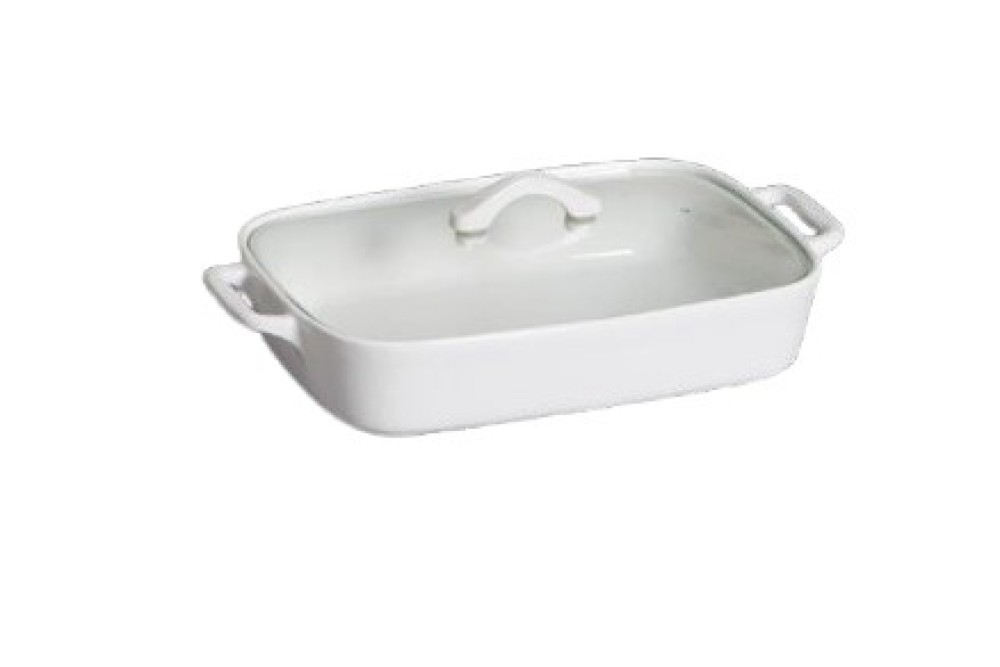 Ορθογώνιο Λευκό Πυρίμαχο Σκεύος από Πορσελάνη με Γυάλινο Καπάκι 43cm