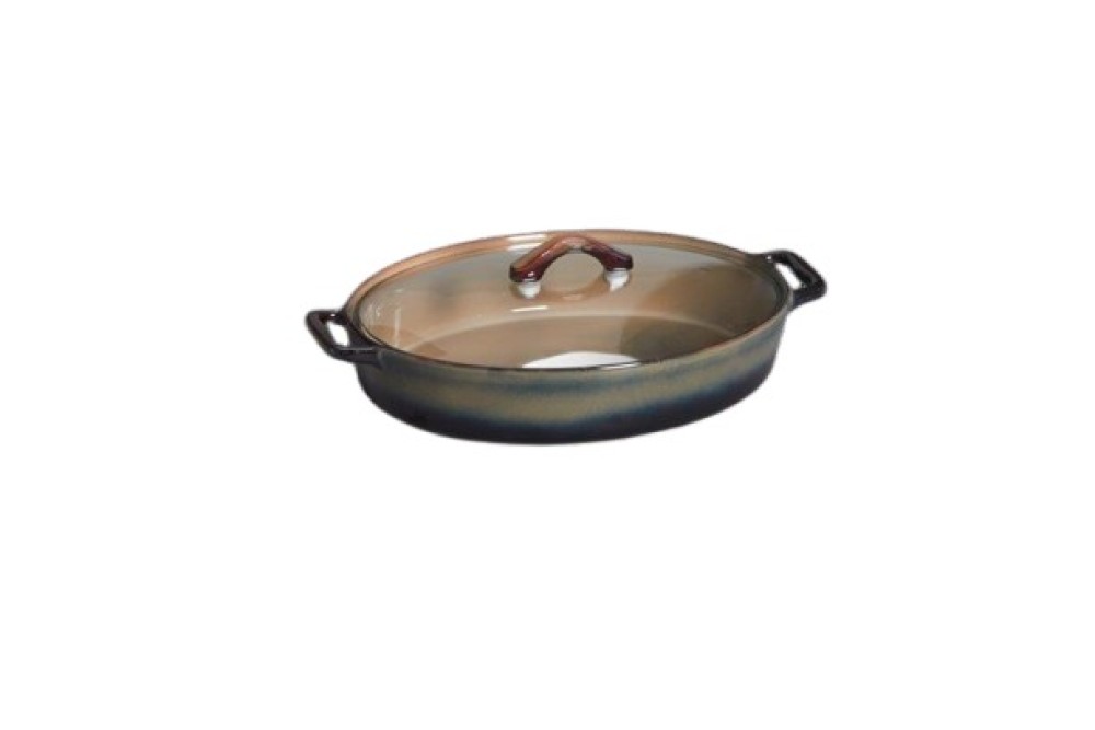 Πυρίμαχο Mπεζ/Καφέ Οβάλ Σκεύος Με Διάφανο Γυάλινο Καπάκι 43cm