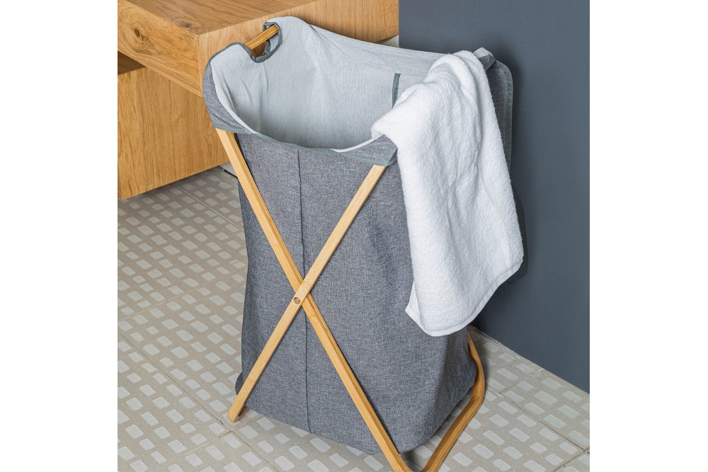 ESTIA ΚΑΛΑΘΙ ΑΠΛΥΤΩΝ BAMBOO ESSENTIALS 40x40x70cm ΜΕ ΘΗΚΗ ΠΟΛΥΕΣΤΕΡΑ ΠΤΥΣΣΟΜΕΝΟ ΓΚΡΙ