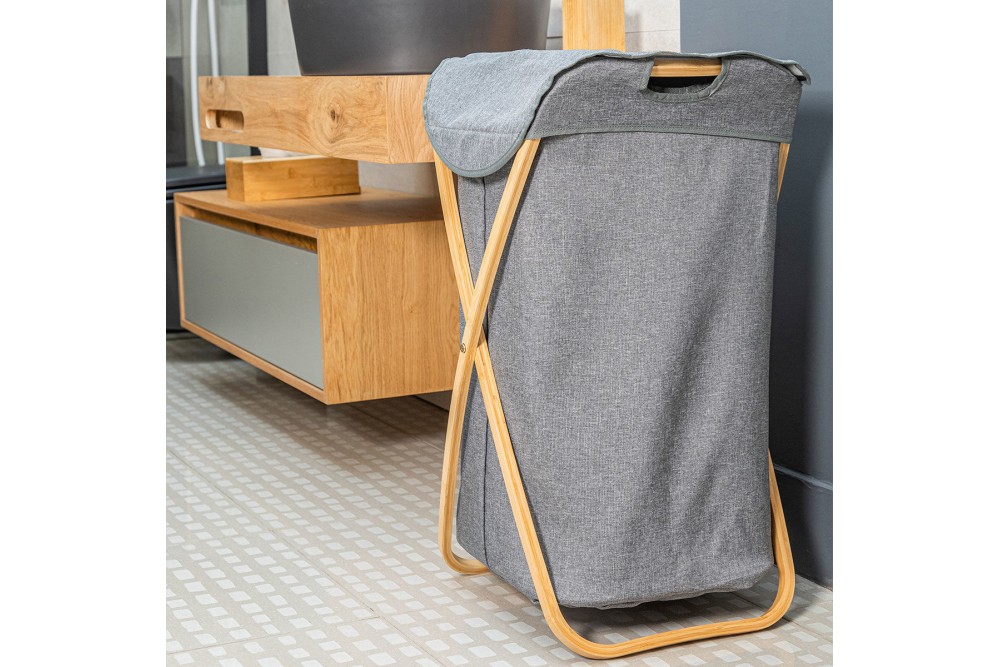 ESTIA ΚΑΛΑΘΙ ΑΠΛΥΤΩΝ BAMBOO ESSENTIALS 40x40x70cm ΜΕ ΘΗΚΗ ΠΟΛΥΕΣΤΕΡΑ ΠΤΥΣΣΟΜΕΝΟ ΓΚΡΙ