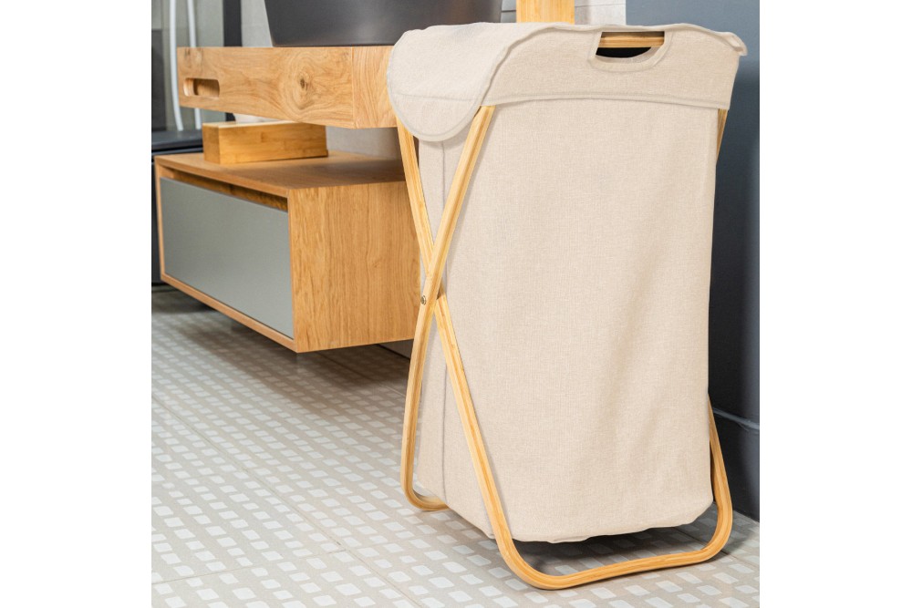 ESTIA ΚΑΛΑΘΙ ΑΠΛΥΤΩΝ BAMBOO ESSENTIALS 40x40x70cm ΜΕ ΘΗΚΗ ΠΟΛΥΕΣΤΕΡΑ ΠΤΥΣΣΟΜΕΝΟ ΜΠΕΖ