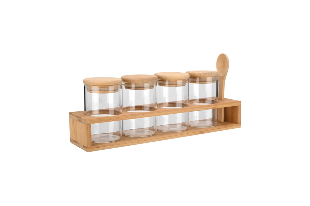 ESTIA ΔΟΧΕΙΑ ΜΠΑΧΑΡΙΚΩΝ ΓΥΑΛΙΝΑ ΣΕΤ 5 ΤΕΜ 27x6.5x12.5cm ΜΕ ΒΑΣΗ BAMBOO ΚΑΙ ΚΟΥΤΑΛΙ