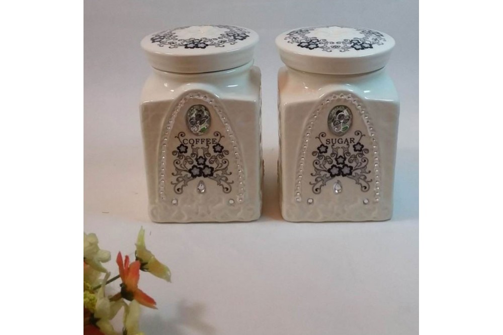 Κεραμικά Βάζα για καφέ - Ζάχαρη διακοσμημένα 9x14cm Σετ 2τμχ