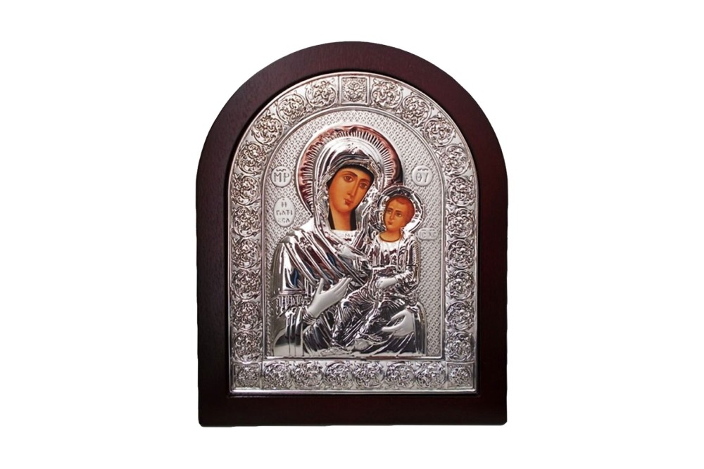 Εικόνα Παναγίας επάργυρη λακαριστή με ξύλινη βάση οβάλ