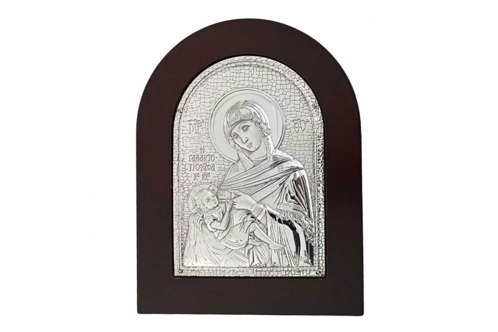Εικόνα Παναγίας επάργυρη λακαριστή με ξύλινη κορνίζα
