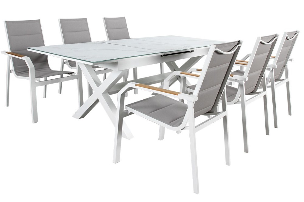 Επεκτεινόμενη Τραπεζαρία Αλουμινίου Με Επιφάνεια Κεραμικού Τζαμιού ,Σέτ 7 Τεμαχίων 160+50=210 x 90 x 76(H)cm