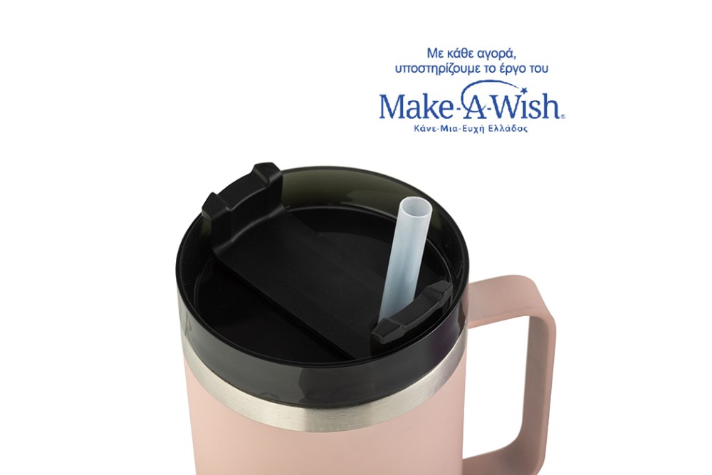 Θερμός ποτήρι ανοξείδωτο με πλαστικό καλαμάκι "We Care" ροζ 900ml