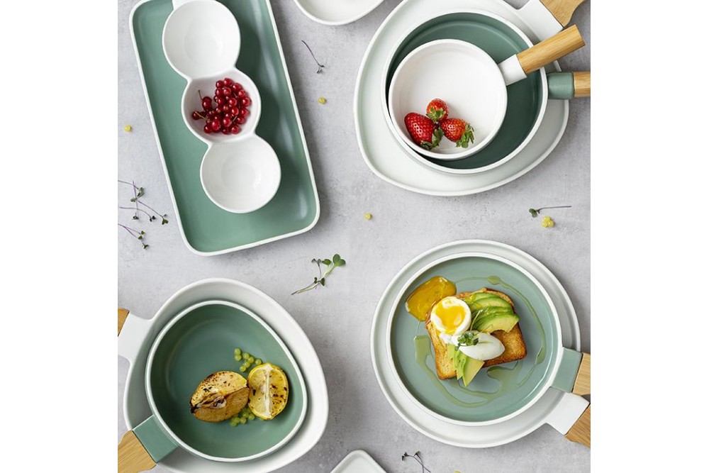 Πιατέλα "Terrestrial" πορσελάνινη με χερούλι από ξύλο bamboo 35cm