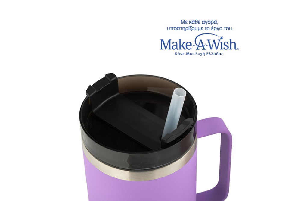 Θερμός ποτήρι ανοξείδωτο με πλαστικό καλαμάκι "We Care" λιλά 900ml