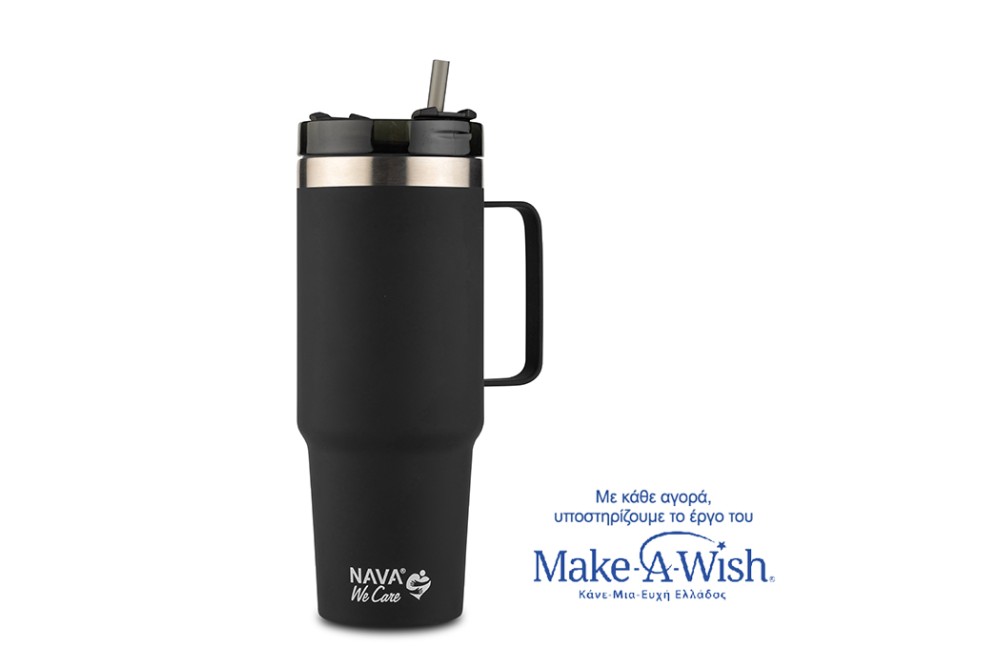 Θερμός ποτήρι ανοξείδωτο με πλαστικό καλαμάκι "We Care" μαύρο 900ml